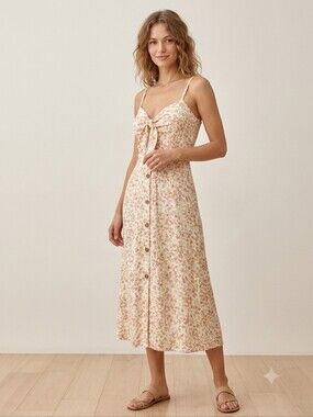 A.U.W Floral Tie-Front Smocked Midi Dress Large Button Down Sun Dress